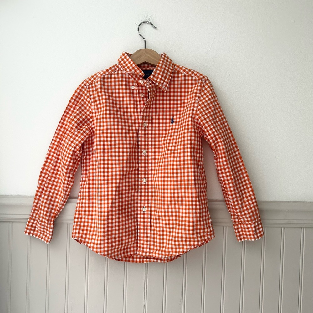 Ralph Lauren Orange Boys 6 Gingham Orange Checkered Kids Button Down Shirt